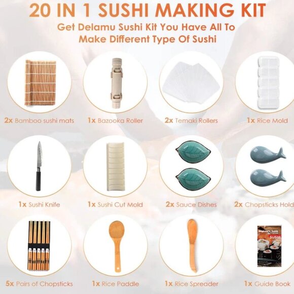 NEW Delamu 20-in-1 Sushi Making Kit Bazooka Roller Set Bamboo Mat Knife Chopstic - Picture 2 of 8